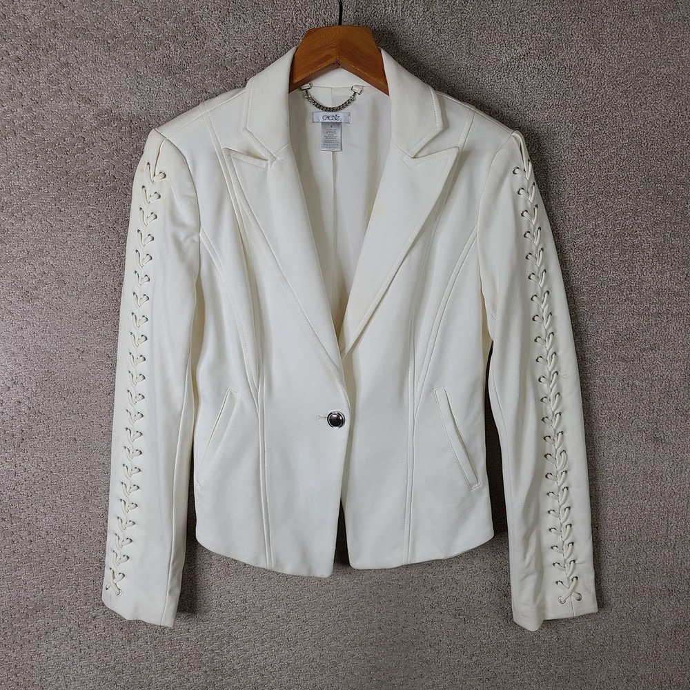 Cache Jacket Womens 6 White Blazer Lace Up Sleeve Viscose Nylon Stretch Casual